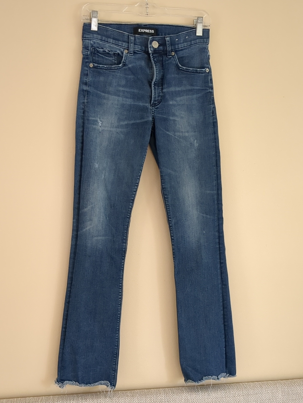 6R Express Barely Boot High Rise Distressed Denim Blue Jeans Stretch+